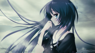 Woman long hair cloudy sky 3 - flowing free wallpaper