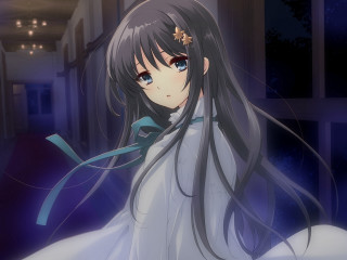 Girl blackhair blueRibbon whiteDress starrySky - a blue ribbon free wallpaper
