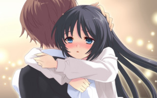 Anime couple hugging blue eyes - a gold background free wallpaper
