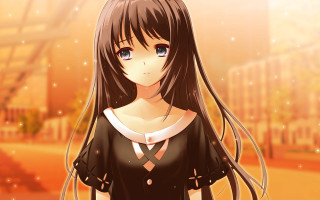 Anime girl long hair cityscape - a yellow sky free wallpaper