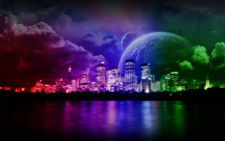 City skyline rainbow colored sky - a rainbow free wallpaper for desktop