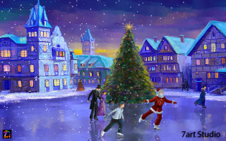 People skating christmas tree town 4 - storybook illustration free wallpaper for desktop