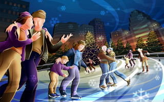 Night skating city snowflakes rink - animation free wallpaper