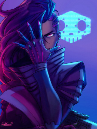 Woman purple hair skull head 2 - cyberpunk art free wallpaper for mobile
