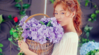 Woman holding basket flowers smiling - chen jiru free wallpaper