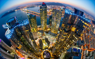 City night lights buildings water 6 - the background and a body of water free wallpaper