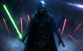 Man dark suit holding lightsabers 2 - cinematic concept art free wallpaper