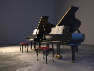 Piano two stools dark wall - free 3d render wallpaper