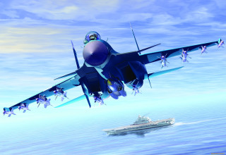 Blue fighter jet ocean boat - smaller free wallpaper for desktop