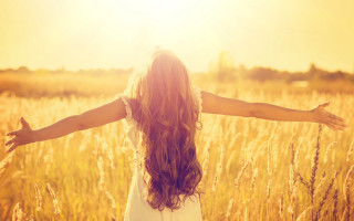Woman standing field arms outstretched - the sun light free wallpaper