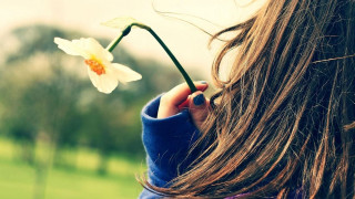 Woman holding flower looking blurry - a blurry background of grass and trees free wallpaper