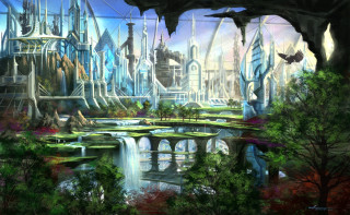 Futuristic city waterfall bridge scenery - a futuristic city free wallpaper