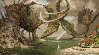 Giant octopus attacking city beach 2 - a giant octopus free wallpaper