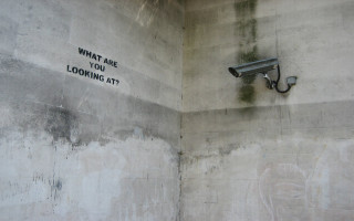 Wall security camera sign looking - dystopian art free wallpaper