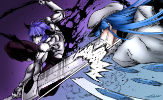 Cartoon woman man blue hair - her hand and a man free wallpaper