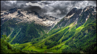 Mountain range valley forest cloudy - a few cloud above free wallpaper for desktop