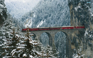 Train bridge snowy mountains magical - snow and trees free wallpaper