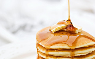 Pancakes syrup bacon plate fork - a stack of pancakes free wallpaper