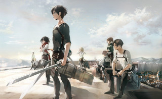 Group people roof swords suitcase - top of a roof next free wallpaper