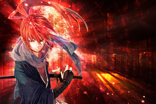 Anime red hair scarf sword - a sword in front free wallpaper