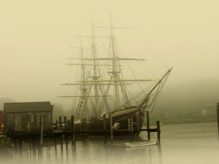Boat docked harbor foggy day - foggy free wallpaper