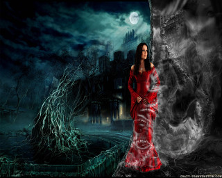 Woman red dress tree full - dark fantasy art free wallpaper