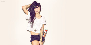 Woman tattoos white shirt skateboard - visual art free wallpaper for desktop
