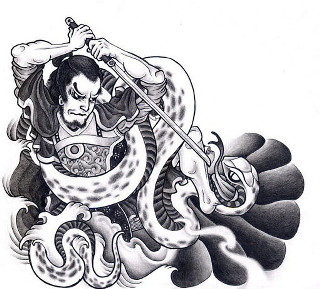 Man riding dragon sword snake - ukiyoe free wallpaper for tablet