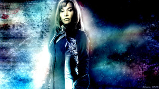 Woman black jacket space background - star and planets free wallpaper