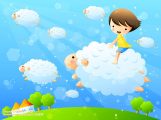 Boy riding sheep sky flying - sheep free wallpaper