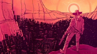 Man mountain city red sky - dave gibbons free wallpaper