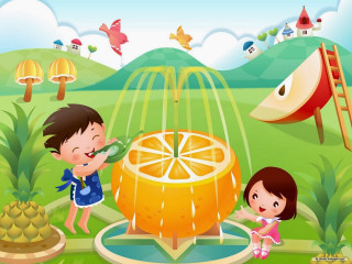 Cartoon boy girl playing orange - storybook illustration free wallpaper for desktop