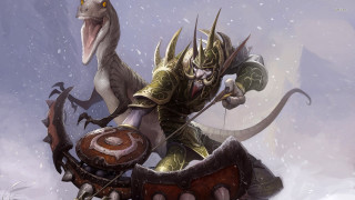 Man riding dinosaur snowy forest - hearthstone free wallpaper