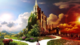 Woman walking path castle sky 2 - a castle in the sky free wallpaper