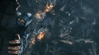 Man holding bow city skyline - flame and smoke free wallpaper