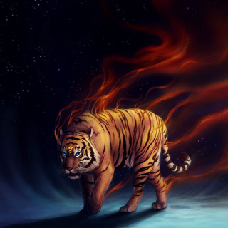 Tiger snow night sky stars - free fantasy wallpaper for tablet