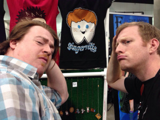 Two men sitting shirt rack - fructose free wallpaper for desktop