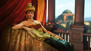 Woman golden dress sitting bed - a red curtain behind her free wallpaper