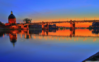 Bridge red light cityscape sunset - impressionism free wallpaper
