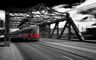Red white train street bridge - train free wallpaper