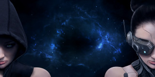 Women headphones space background stars - a black hole in the middle free wallpaper
