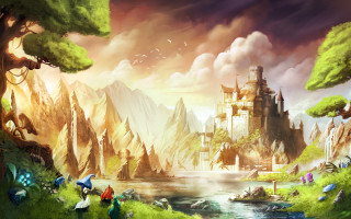 Castle forest river people painting - matte fantasy painting free wallpaper