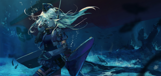 Woman sword helmet blue underwater - her hand and a fish free wallpaper for desktop