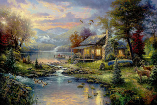 Cabin river ducks geese water 2 - edward lamson henry free wallpaper