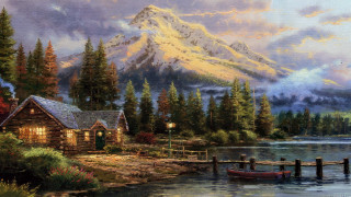 Cabin lake boat mountain painting 3 - the water and a mountain in the background free wallpaper