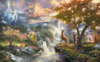 Waterfall deer rainbow background foreground - a painting of a waterfall free wallpaper