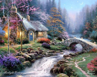 Cottage stream woods bridge flowers - kinkade free wallpaper