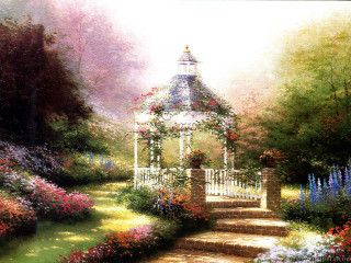 Gazebo flowers trees park path - a park setting free wallpaper