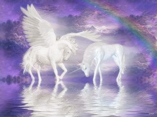 White horses wings rainbow water - matte fantasy painting free wallpaper