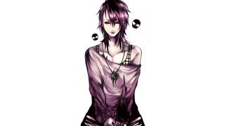 Woman purple hair skull necklace - her neck and chest free wallpaper